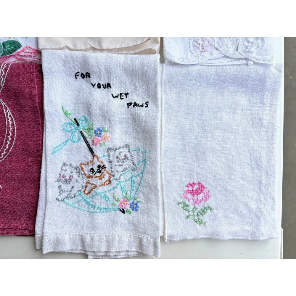 Vintage Hand Embroidered Tea Guest Towel Lot 12pc Floral Cat Scalloped Linen L2